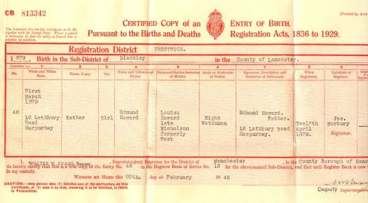 Copy of Grandmother Esther Howard Remington Birth Certificate