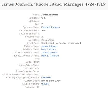 1865 Marriage of James Johnson and Elixabeth Knowles