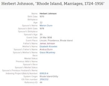 1898 Herbert Johnson Marriage